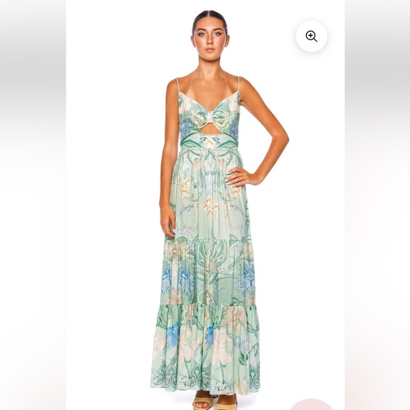 NWT 999 Camilla Cut Out Bodice Dress With Tiered Skirt Size L Flowers Green - Picture 1 of 12